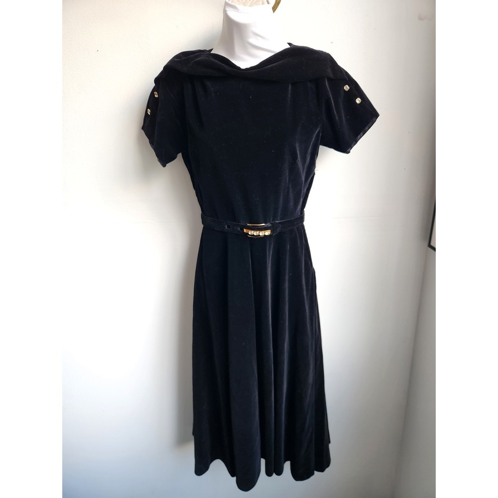 Vintage Pam Rogers Black Velvet Dress Rhinestone Belt Short Sleeve Midi